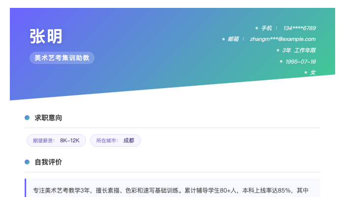 美术艺考集训助教简历示例