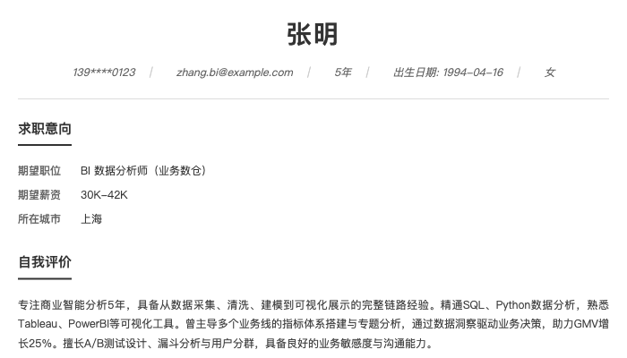 BI 数据分析师（业务数仓）简历示例