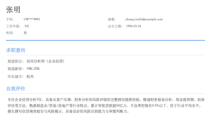 信用分析师（企业信贷）简历示例