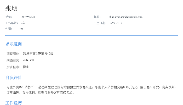 跨境电商B2B销售代表简历示例