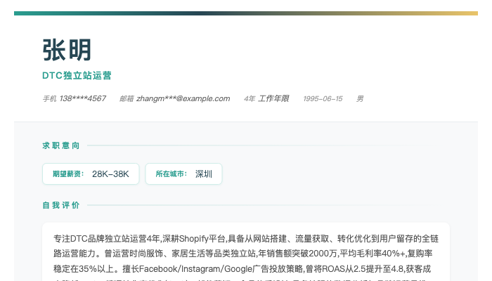 DTC独立站运营简历示例