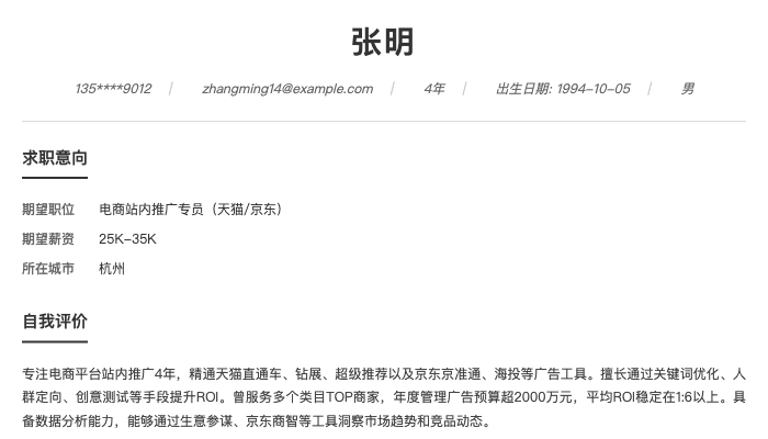 电商站内推广专员（天猫/京东）简历示例