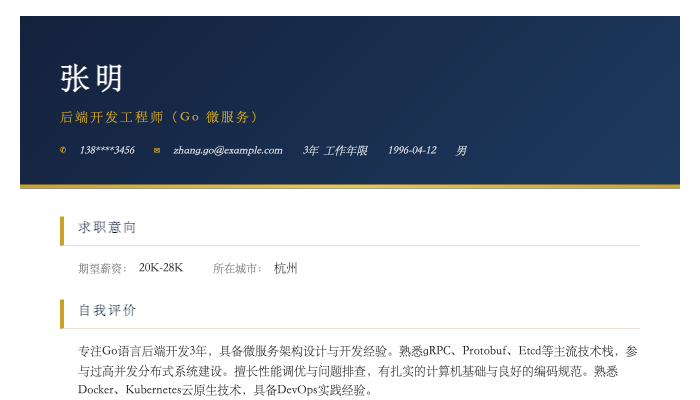后端开发工程师（Go 微服务）简历示例