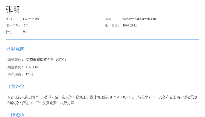 医药电商运营专员（OTC）简历示例
