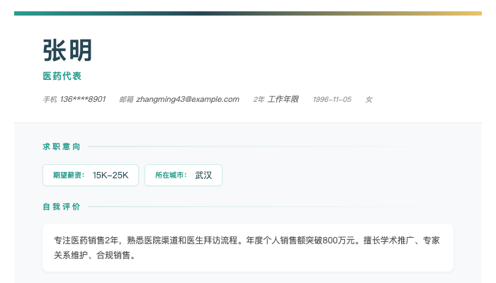 医药代表简历示例