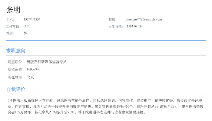 出版发行新媒体运营专员简历示例