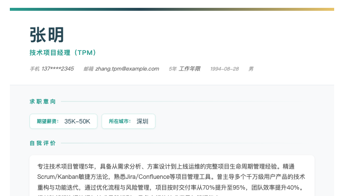 技术项目经理（TPM）简历示例