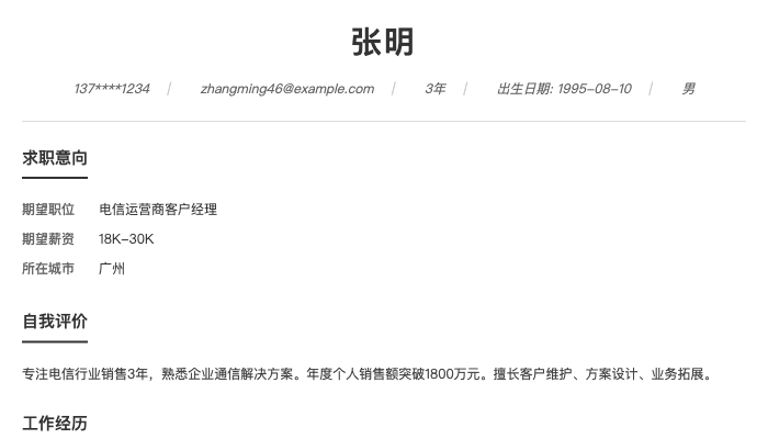 电信运营商客户经理简历示例