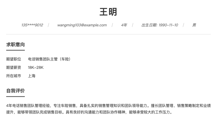 电话销售团队主管（车险）简历示例