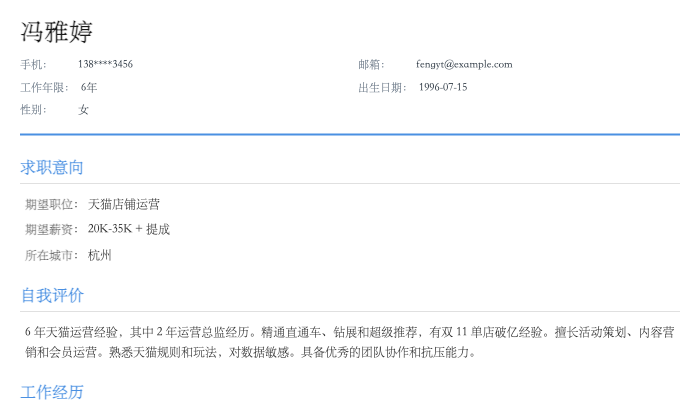 天猫店铺运营简历示例