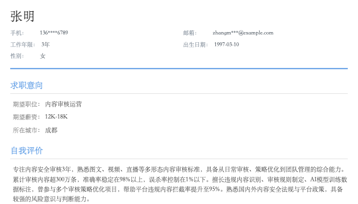 内容审核运营简历示例