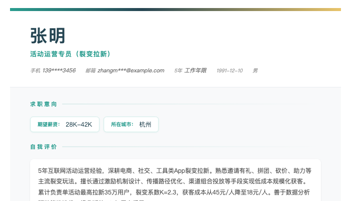 活动运营专员（裂变拉新）简历示例