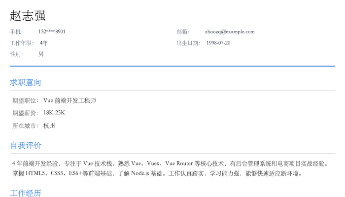 Vue 前端开发工程师简历示例